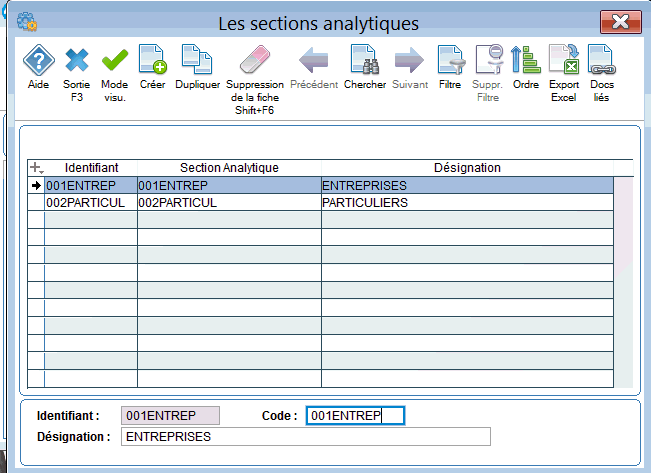 Saisie en liste des codes analytiques