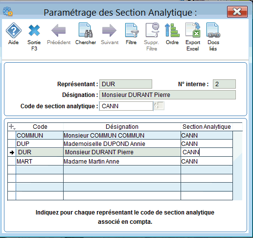 paramétrage par représentant