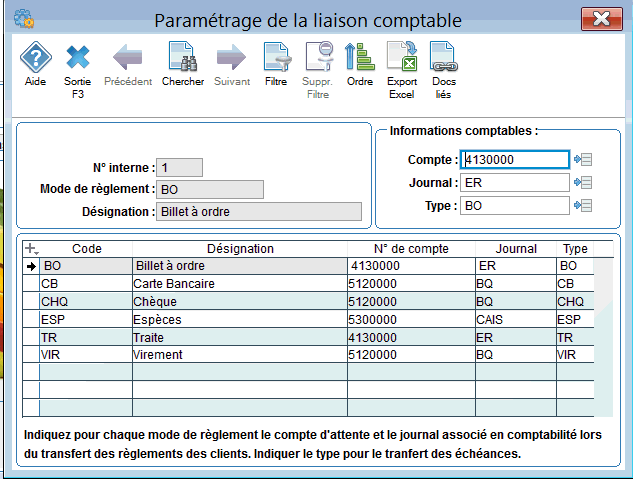paramétrage des modes de règlement