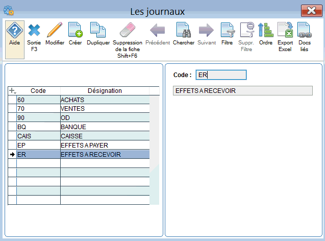 gestion des codes journaux