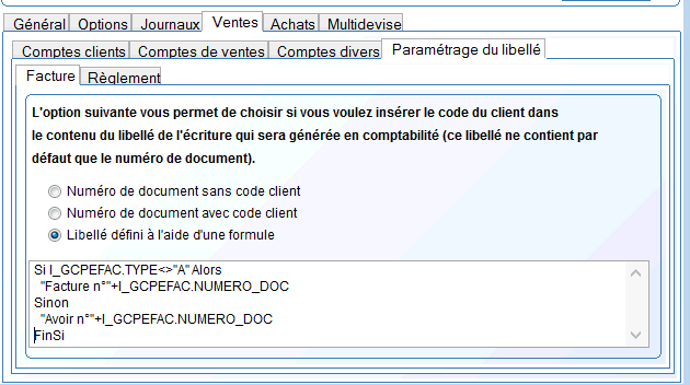 paramétrage formule du libellé