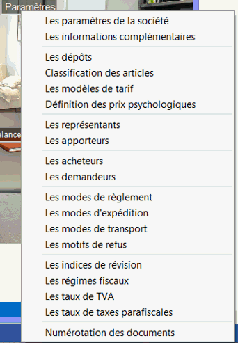 menu du bouton "paramètres"