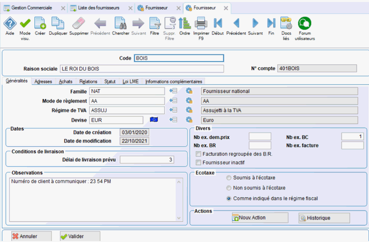 fiche fournisseur