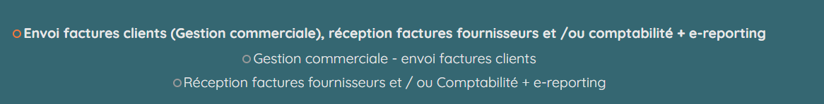 Choix du périmètre d'enrôlement : envoi factures clients (Gestion commerciale) et/ou réception factures fournisseurs et/ou comptabilité + e-reporting