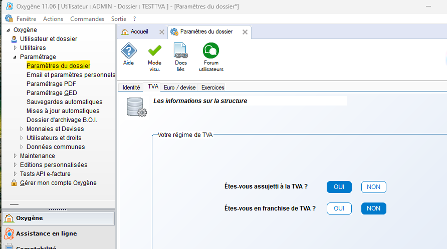 Paramètres du dossier - onglet TVA : Êtes-vous assujetti à la TVA ? Êtes-vous en franchise de TVA ?
