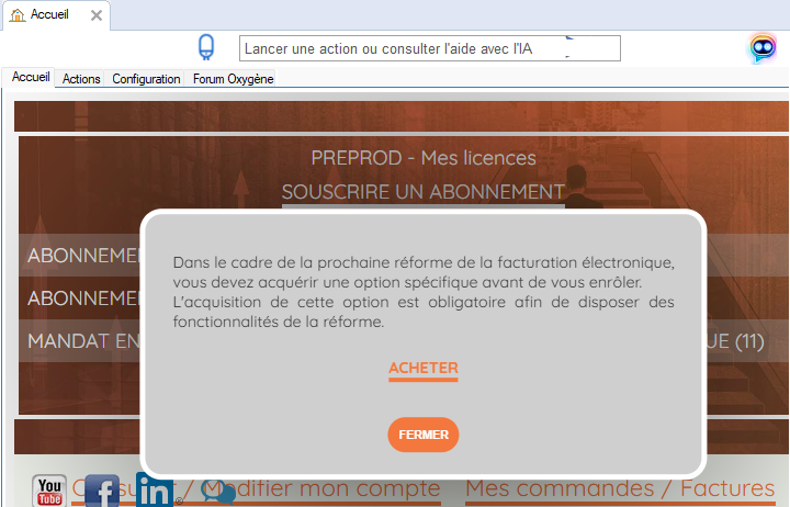 Message d'accueil : acquisition obligatoire de l'option avant l'enrôlement, bouton Acheter