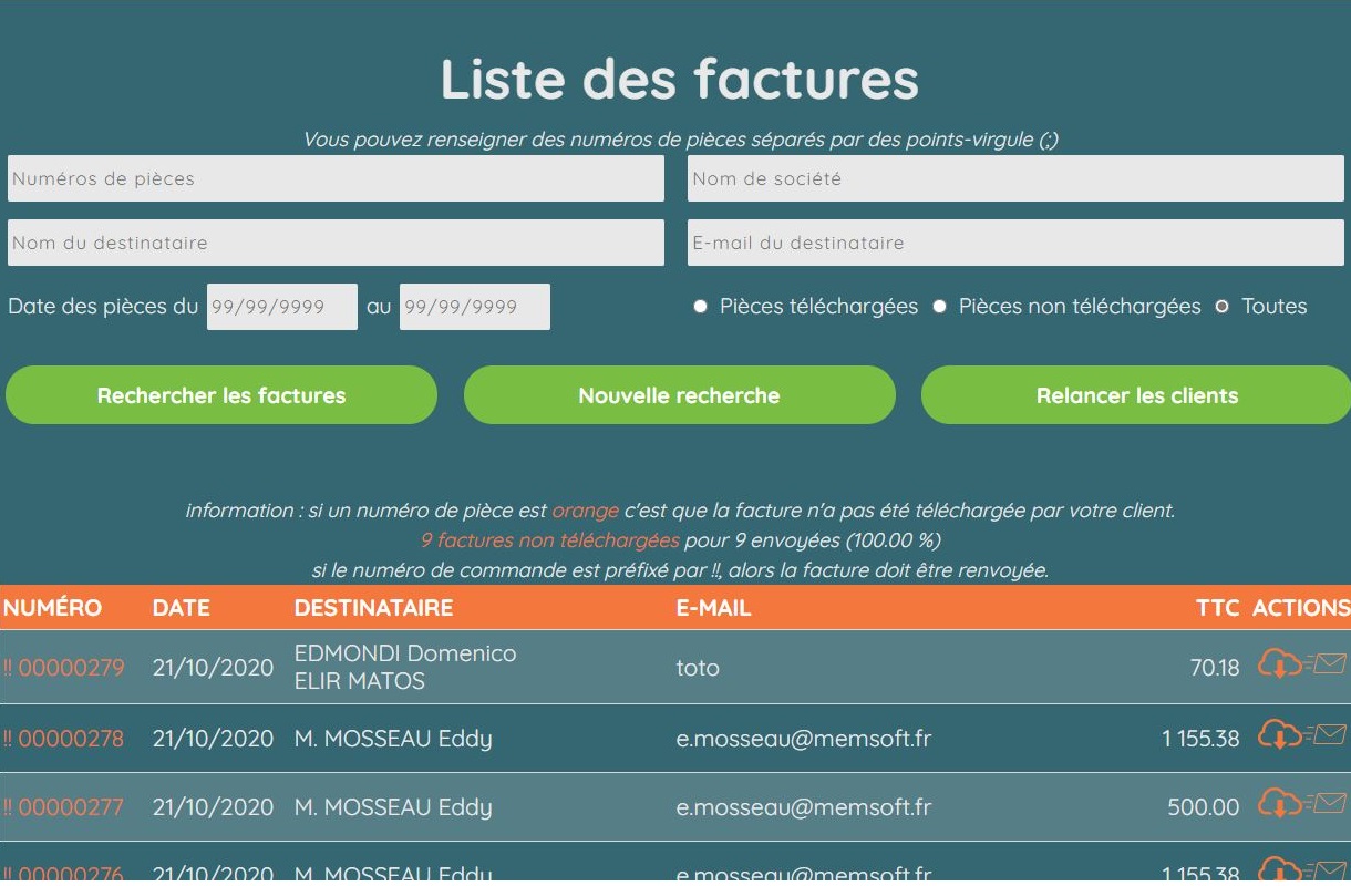 écran liste des factures