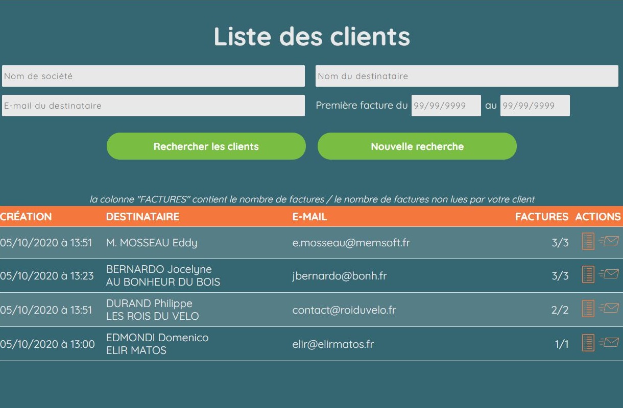 écran liste des clients